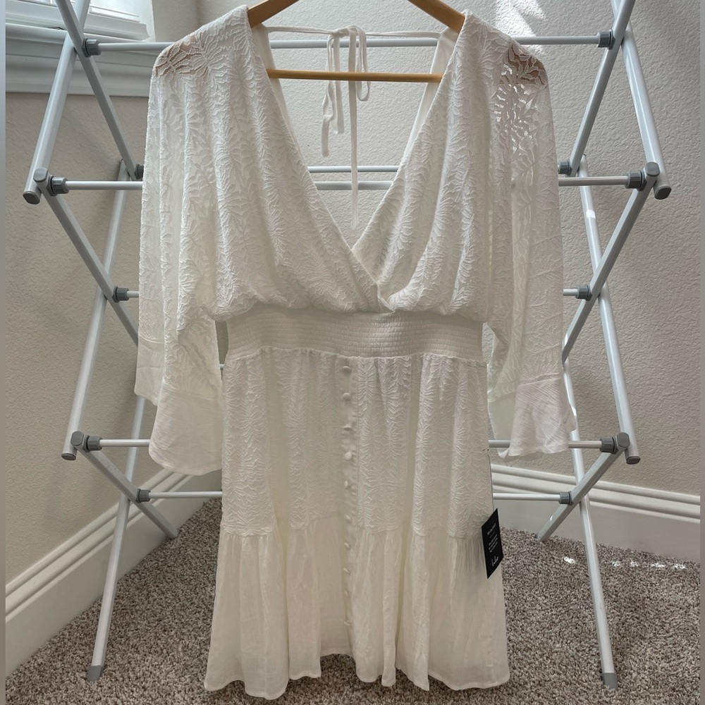 Loving Darling White Embroidered Smocked Mini Skater Dress